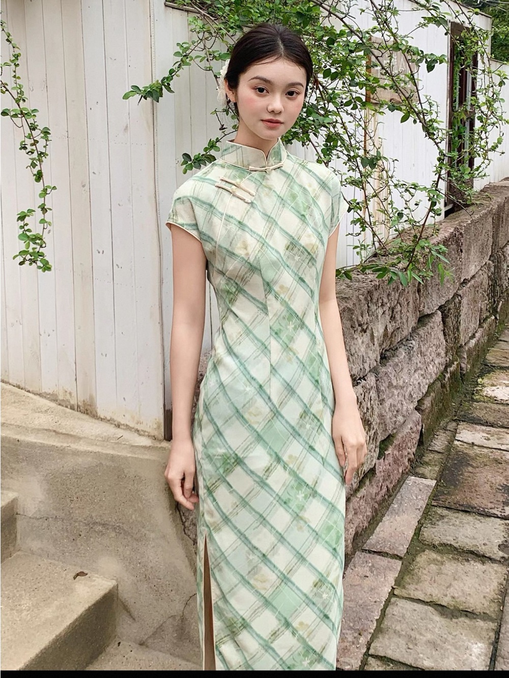 Green Plaid Floral Qipao Cheongsam Dress Mandarin Collar Frog Buttons
